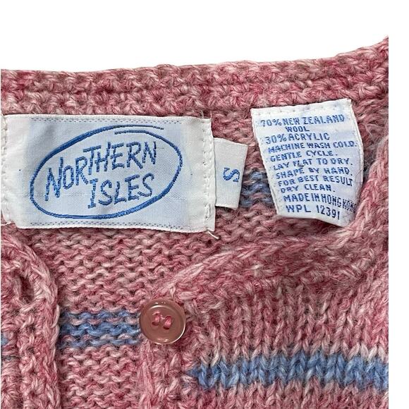 Northern Isles Size S New Zealand Wool Pink 80s Striped Vintage Henley Sweater - Picture 3 of 6